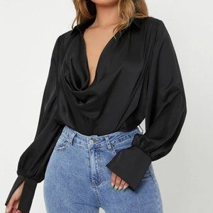 Draped Cowl Neck Long Lantern Bishop Sleeve Blouse - Satin black